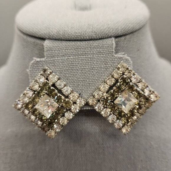 Vintage Earrings Clip On Rhinestone 1" Square Clear Elegant - Picture 5 of 5